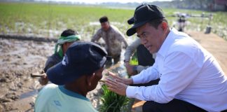 menteri pertanian, andi amran sulaiman mengenakan kemeja putih berbicara dengan petani.