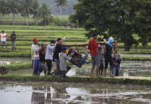 petani menggotong mesin pompa air